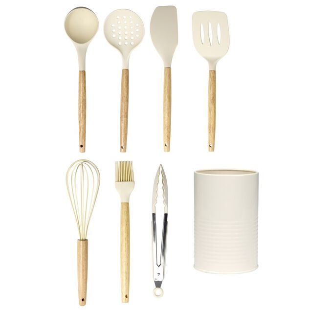 Ustensile de cuisine x7 silicone et bois avec pot beige &Oslash;12xH35cm