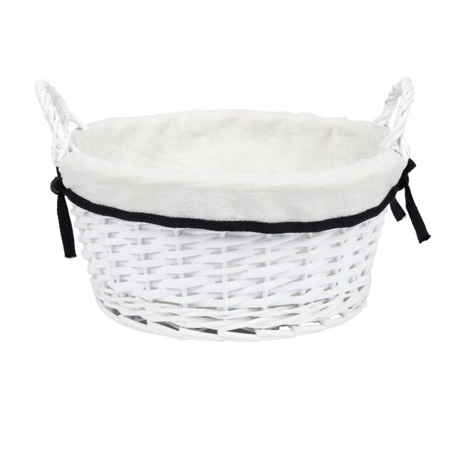 Pani&egrave;re ronde en bois tress&eacute; doublure tissu blanc noeud noir &Oslash;30xH14cm