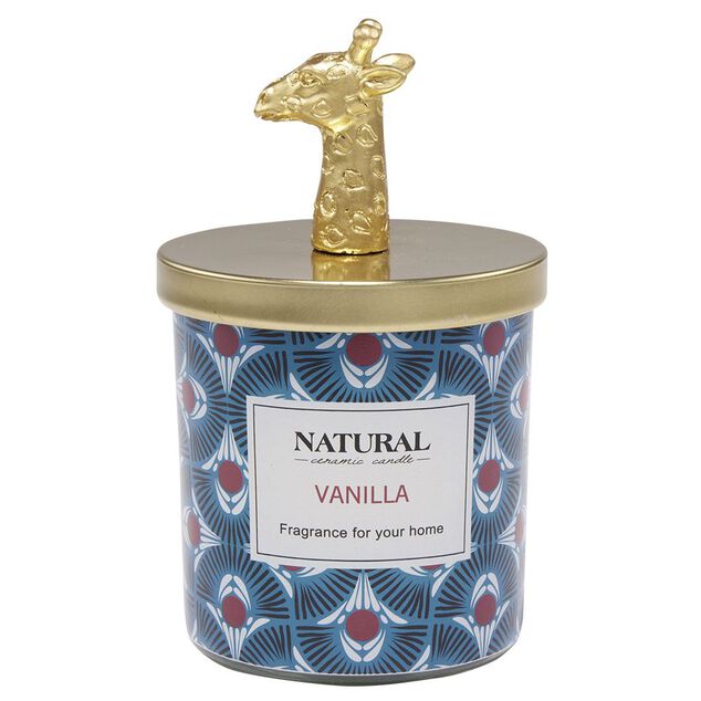 Bougie parfum&eacute;e couvercle animal jungle dor&eacute; &Oslash;8xH12cm