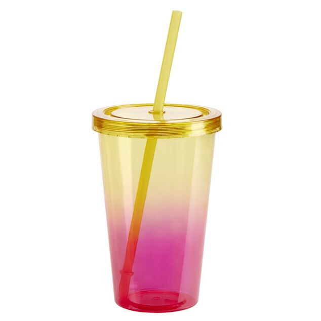 Gobelet plastique avec paille et couvercle dégradé rose et jaune 550ml