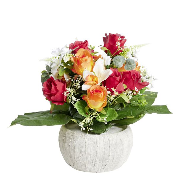 Composition florale artificielle rose orchid&eacute;e bruy&egrave;re orange vasque &Oslash;40cm
