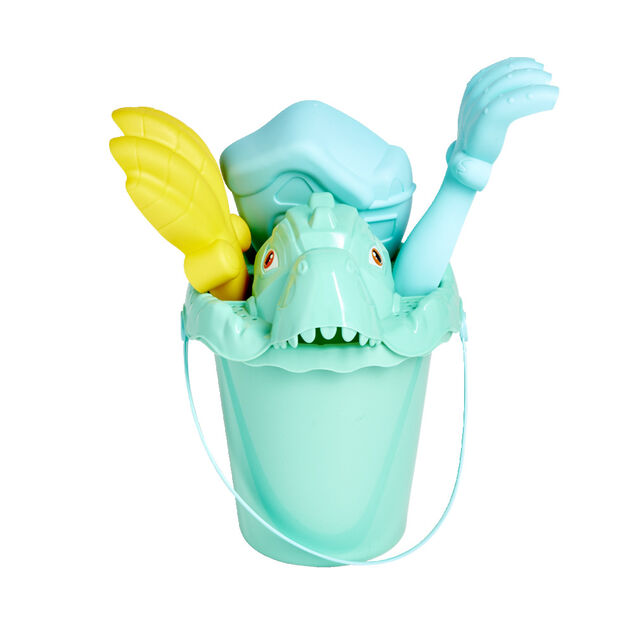 Seau de plage garni dinosaure 5 pi&egrave;ces vert bleu jaune