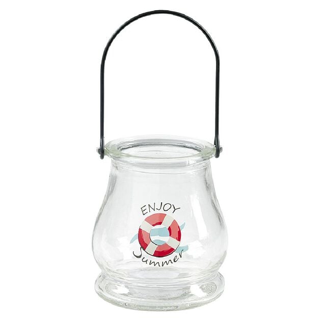 Lanterne d&eacute;co &eacute;t&eacute; en verre et anse en m&eacute;tal