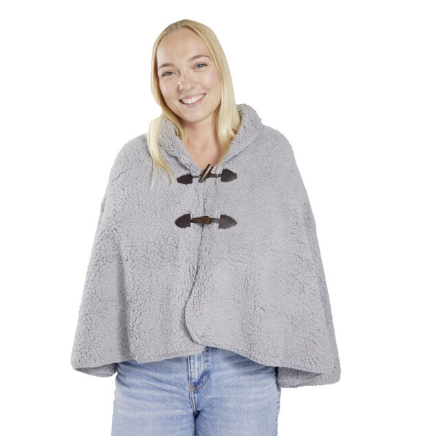 Veste plaid châle moutonné gris 75x150cm avec boutons à brandebourg