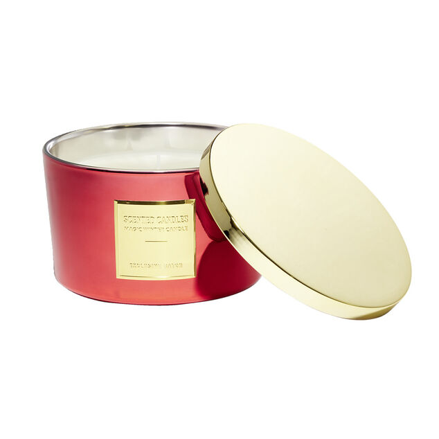 Bougie avec couvercle pot m&eacute;tallis&eacute; rouge et dor&eacute; senteur fruits rouges 30H