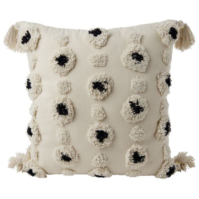 Coussin d&eacute;co tuft&eacute; pompons beige et noir