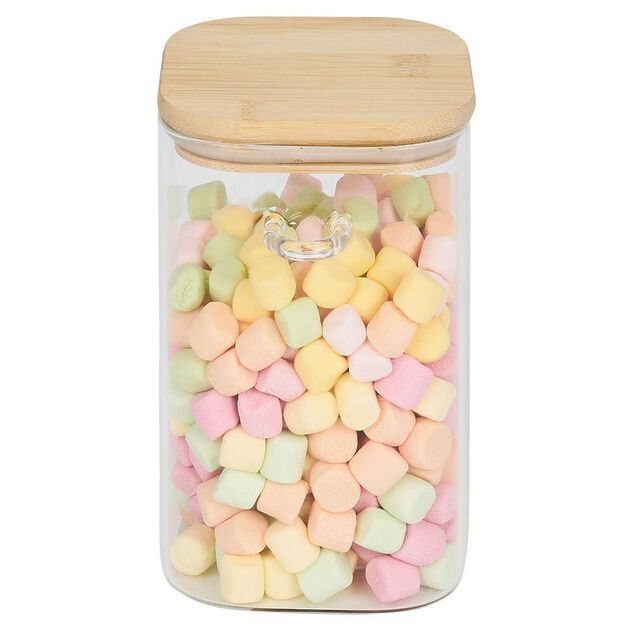 Bocal en verre transparent 1,05L avec couvercle et cuill&egrave;re en bambou