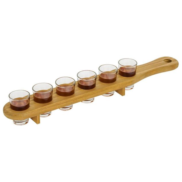 Planche en pin avec 6 verres &agrave; shooter