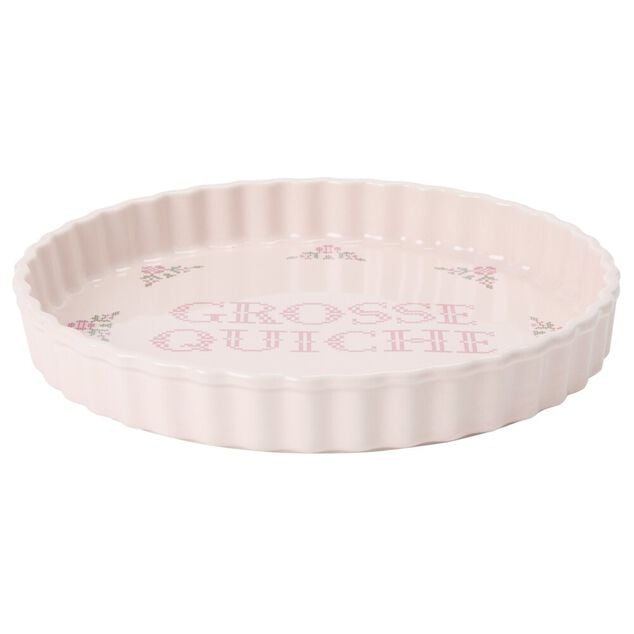 Moule &agrave; tarte c&eacute;ramique inscription Grosse Quiche fa&ccedil;on point de croix rose &Oslash;27cm