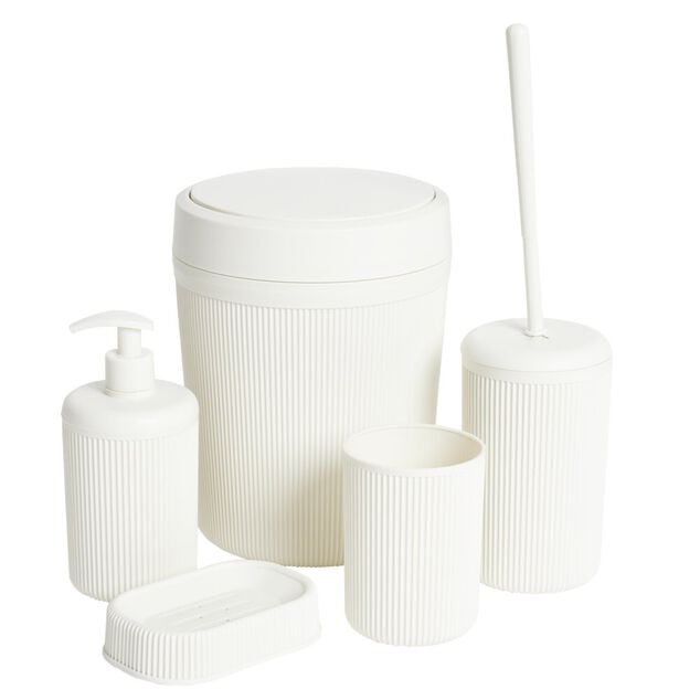 Accessoires salle de bain x5 plastique stri&eacute; (2 mod&egrave;les)