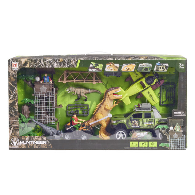 Kit dinosaure sonore et lumineux avec v&eacute;hicule et accessoires
