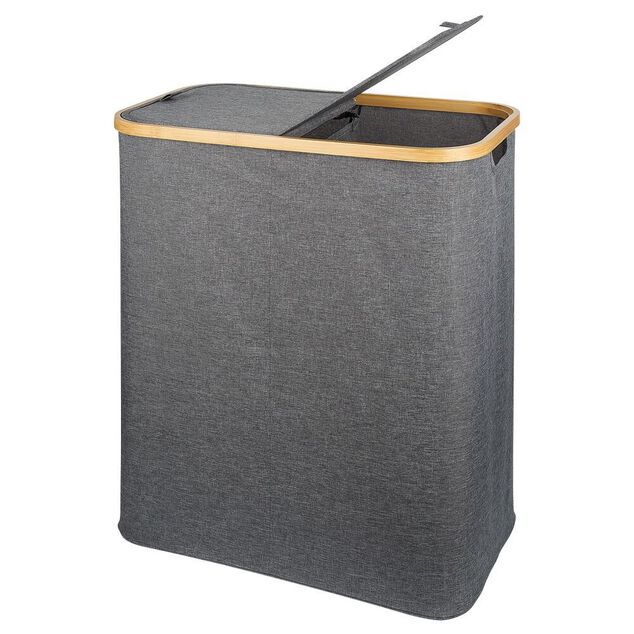 Coffre &agrave; linge double 50L bambou et tissu gris
