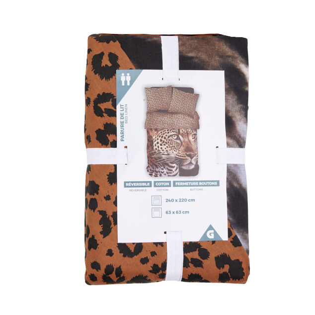 Parure de lit 2 personnes 240x220cm coton motif léopard marron et noir