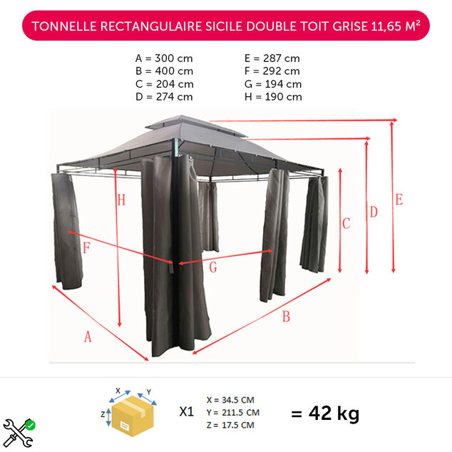 Tonnelle rectangulaire Sicile double toit grise UPF50+ 400x300xH287cm 12m&sup2;