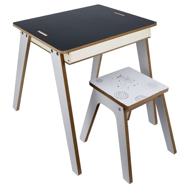 Bureau enfant modulable 3en1 tableau noir bois blanc et tabouret
