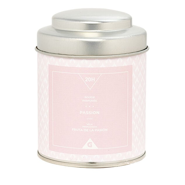 Bougie parfum&eacute;e dans pot en m&eacute;tal senteur passion