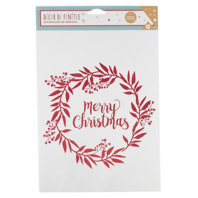 D&eacute;coration fen&ecirc;tre No&euml;l &eacute;lectrostatique guirlande couronne Merry Christmas rouge ou dor&eacute;