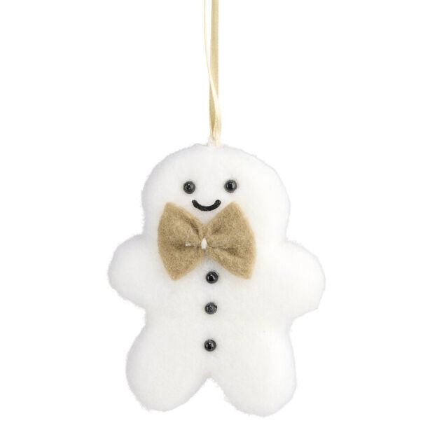 Bonhomme pain d'&eacute;pices de No&euml;l feutrine blanc &agrave; suspendre H10cm (2 mod&egrave;les)