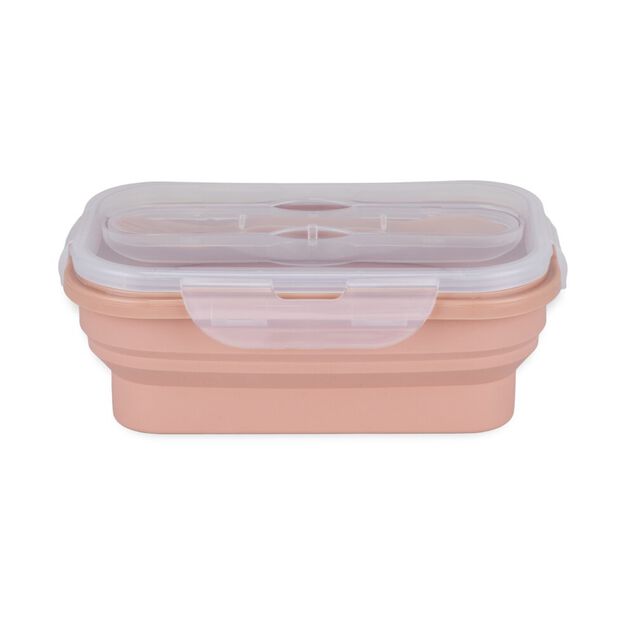 Lunch box r&eacute;tractable 1L avec couverts silicone et plastique rose 12,5x21xH7,5cm
