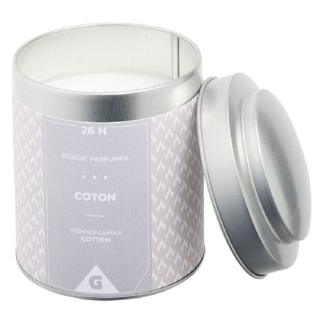Bougie parfum&eacute;e dans pot en m&eacute;tal gris senteur coton 26H