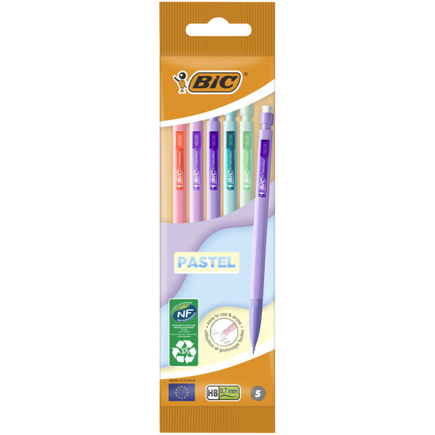 Stylo crit&eacute;rium HB 0,7mm x5 Bic Matic pastel avec gomme int&eacute;gr&eacute;e L15cm