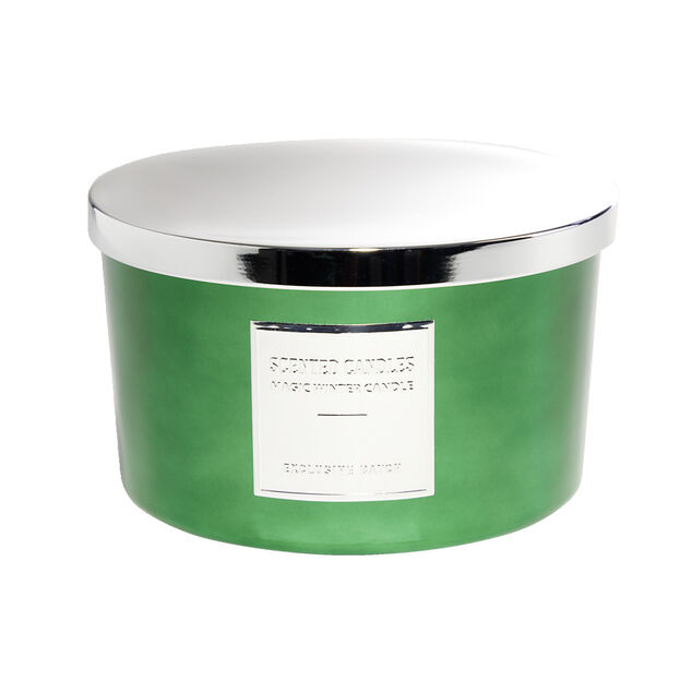 Bougie avec couvercle pot m&eacute;tallis&eacute; gris et vert senteur sapin 30H