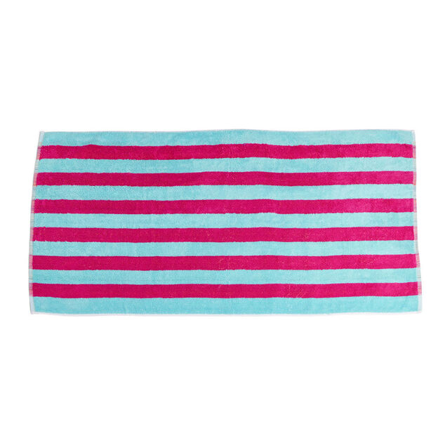 Serviette de plage 70x140cm ray&eacute;e rose et bleu 100% coton