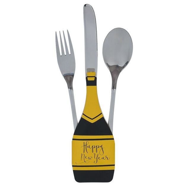 Lot de 4 pochettes à couverts Nouvel an forme bouteille noir et doré