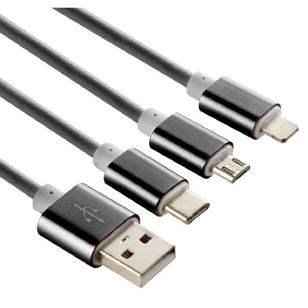 C&acirc;ble USB 3 en 1 avec connecteurs USB-C/micro USB/Lightning