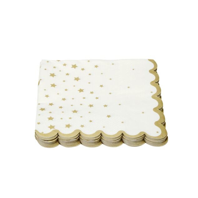 Serviette en papier 3 plis X20 pcs imprim&eacute; &eacute;toiles bord festonn&eacute; L33X33 cm blanc et dor&eacute;