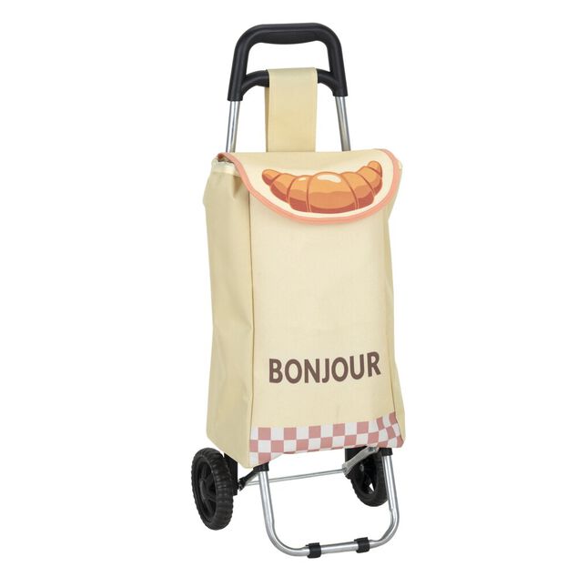 Chariot de courses pliable &agrave; roulettes Bonjour motif croissant beige 32x28xH87cm