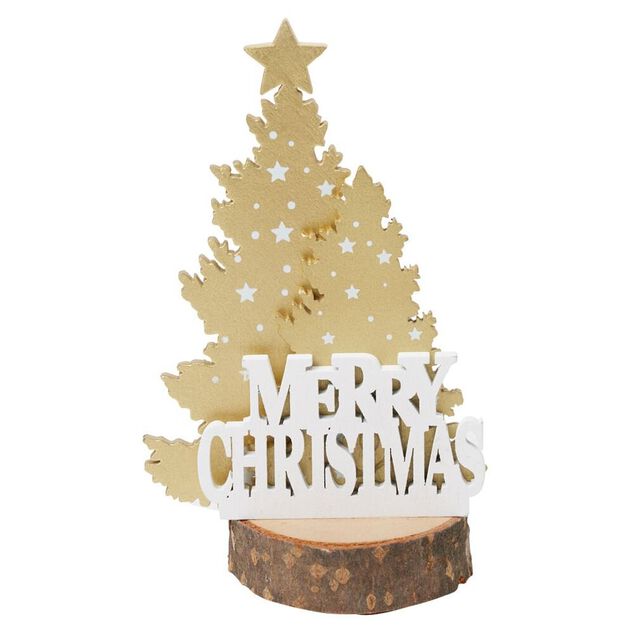 D&eacute;coration sapin de No&euml;l sur rondin de bois Merry Christmas &Oslash;6,2xH7,4cm