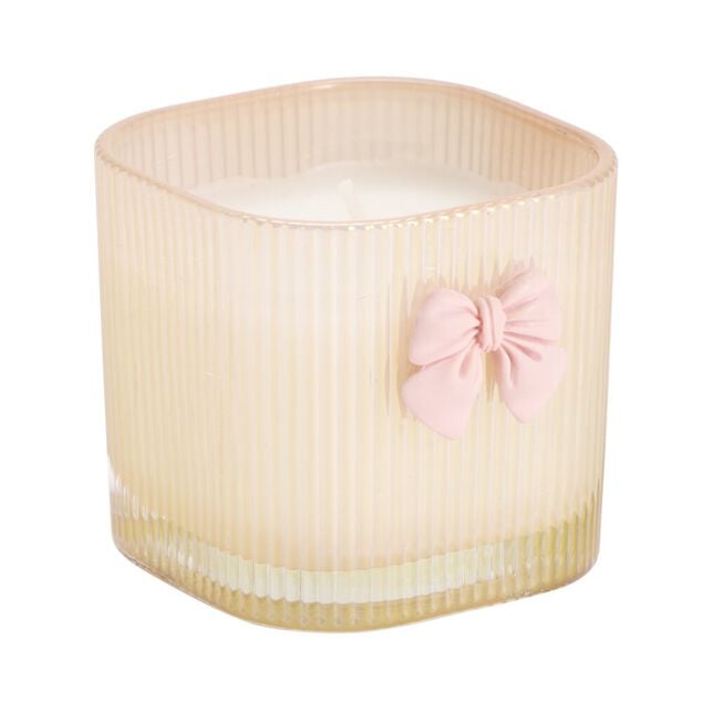 Bougie pot en verre stri&eacute; avec noeud d&eacute;coratif 7x7xH6,5cm (2 mod&egrave;les blanc ou rose)