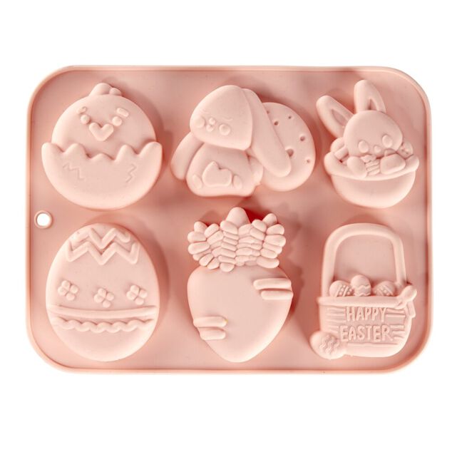 Moule th&egrave;me P&acirc;ques 6 emplacements silicone rose 15x19,5cm