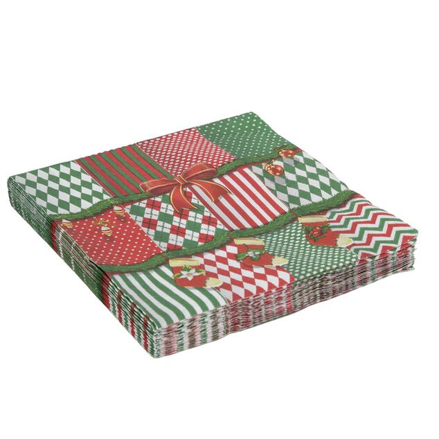 Serviette en papier 4 plis X20 pcs imprim&eacute; motifs de No&euml;l patchwork 33X33 cm rouge et vert