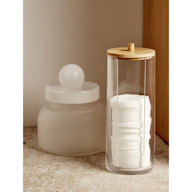 Rangement pour coton plastique transparent et bambou H20cm