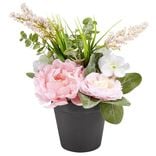 Composition florale artificielle pot pivoine/hortensia blanc et rose H26cm
