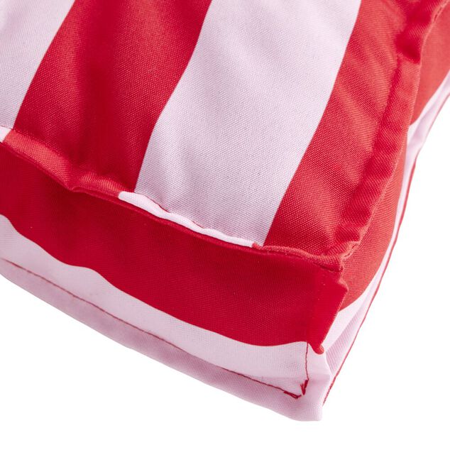 Coussin de sol assise carr&eacute;e matelass&eacute;e bayad&egrave;re rayures roses et rouges 50x50cm