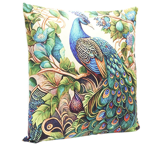 Housse de coussin velours recto &agrave; motif paon 45x45cm