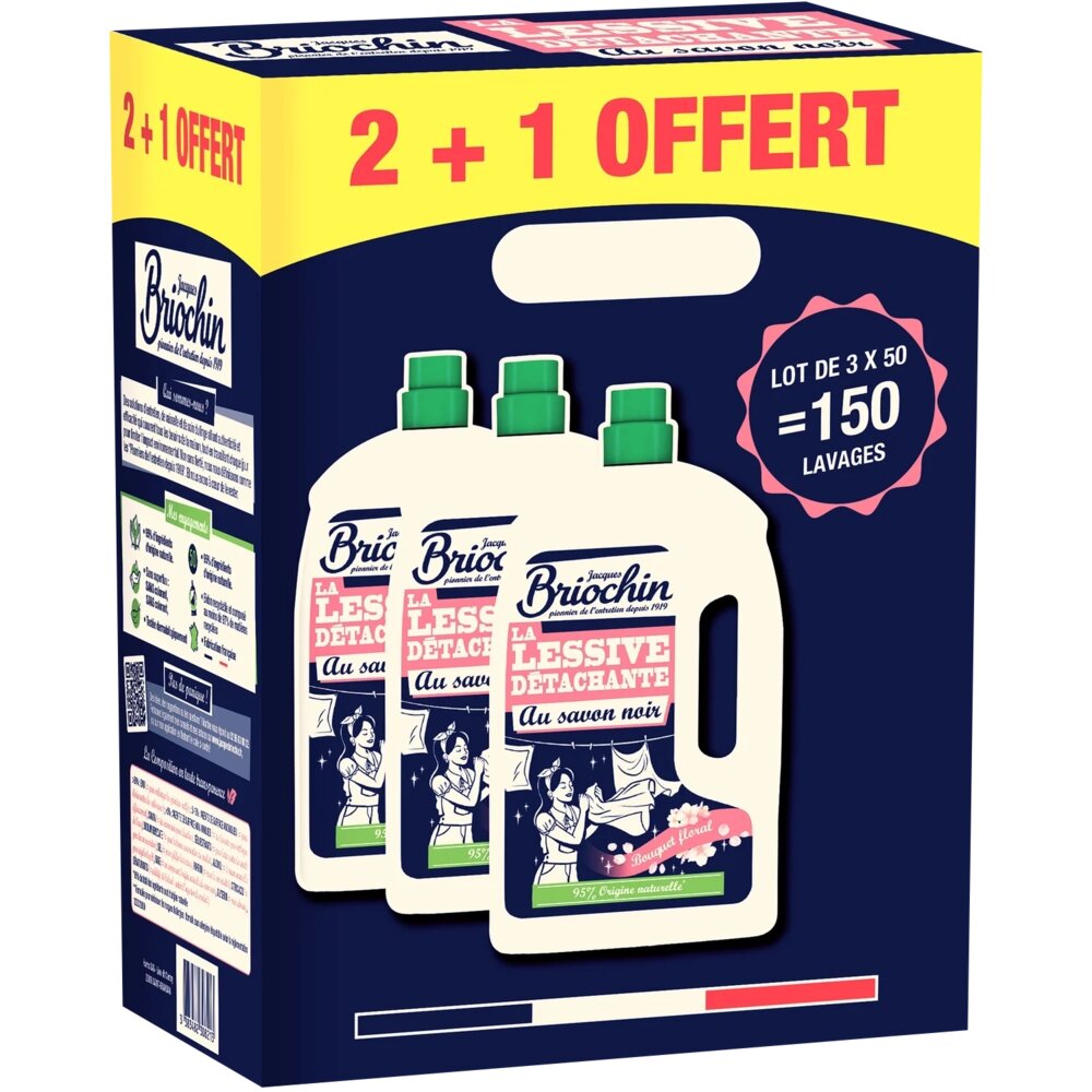 Lessive liquide Briochin savon noir bouquet floral 150 lavages 2+1 ...